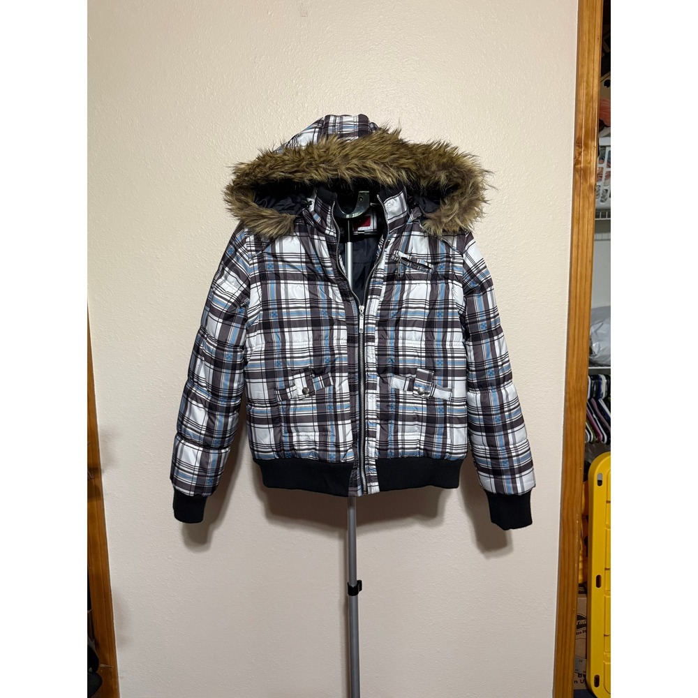 CoffeeShop Red‎ Kids XL Plaid Puffer Jacket Faux Fur Hood Blue Black White Coat